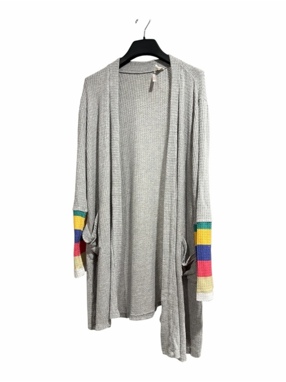 My Story Waffle Knit Open Front Cardigan Gray Rainbow Stripe Cuffs One Size